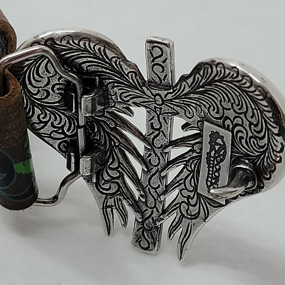 NOCONA Rhinestone Belt Wing Cross Buckle Silver Studs Tool Leather Western Sz S - Picture 3 of 12